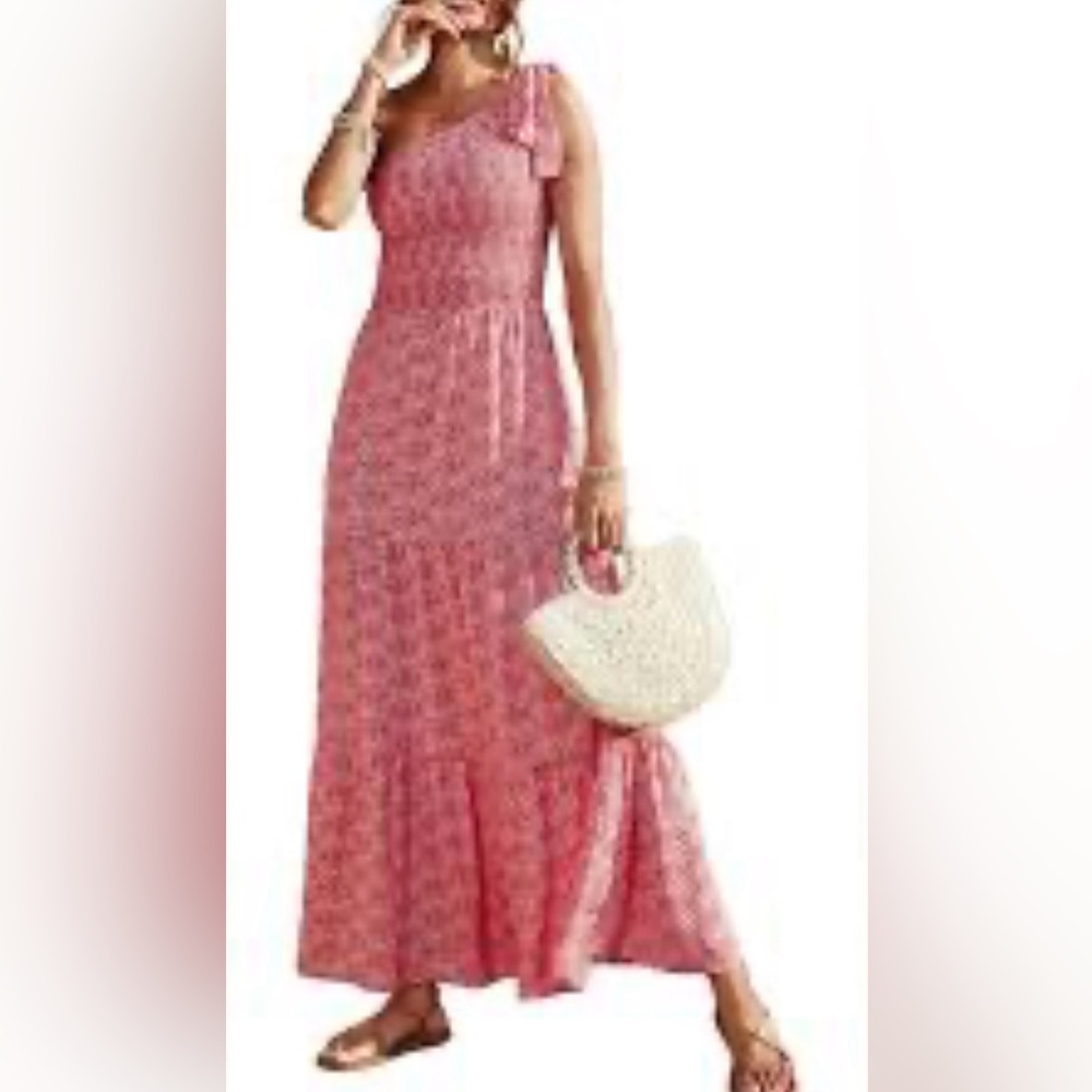 PrettyGarden Ditsy Floral Red One Shoulder Smocked Tiered Maxi Dress Small Boho